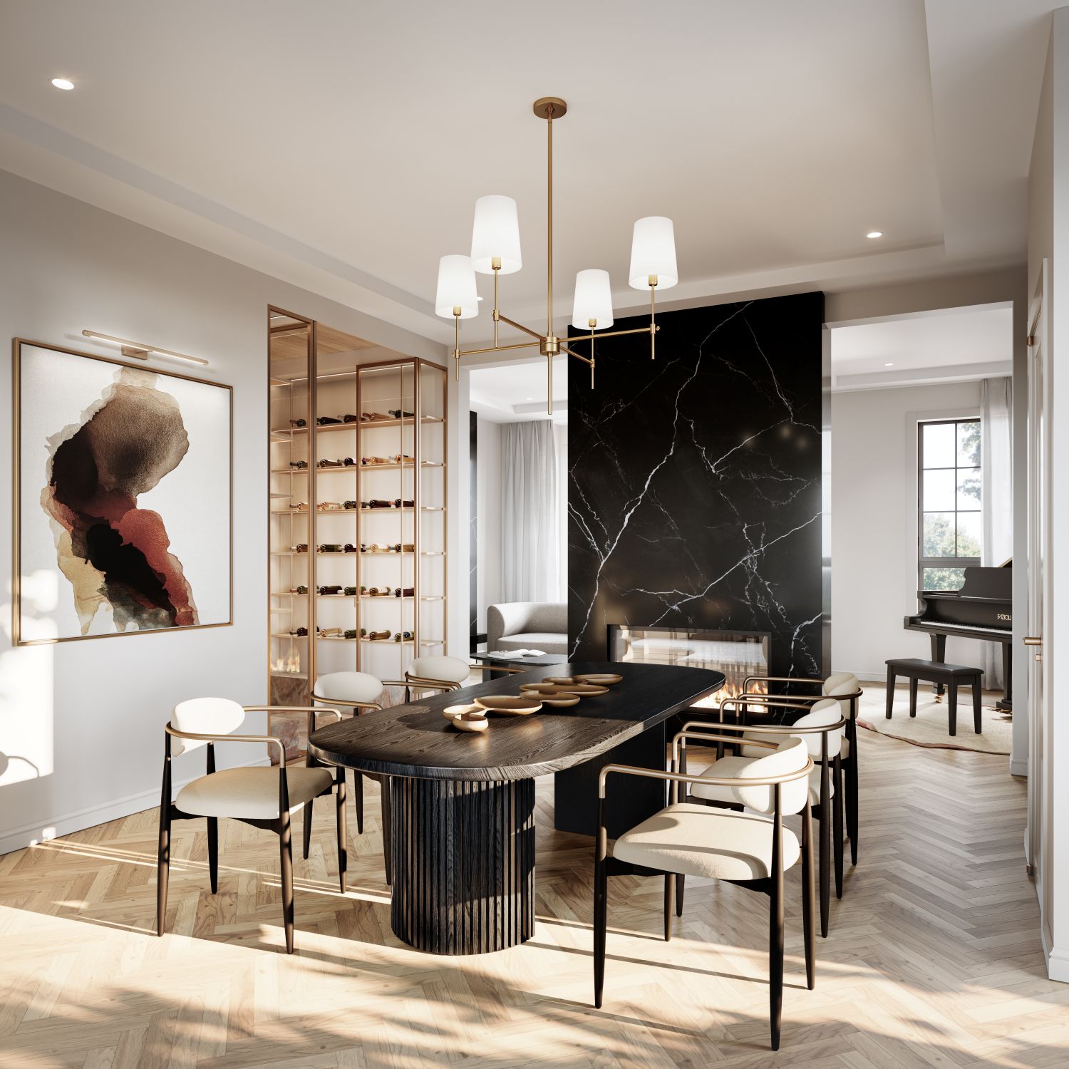 The Everleigh great room with coffered ceiling, Abacot Hill Homes interior by Hallett Homes